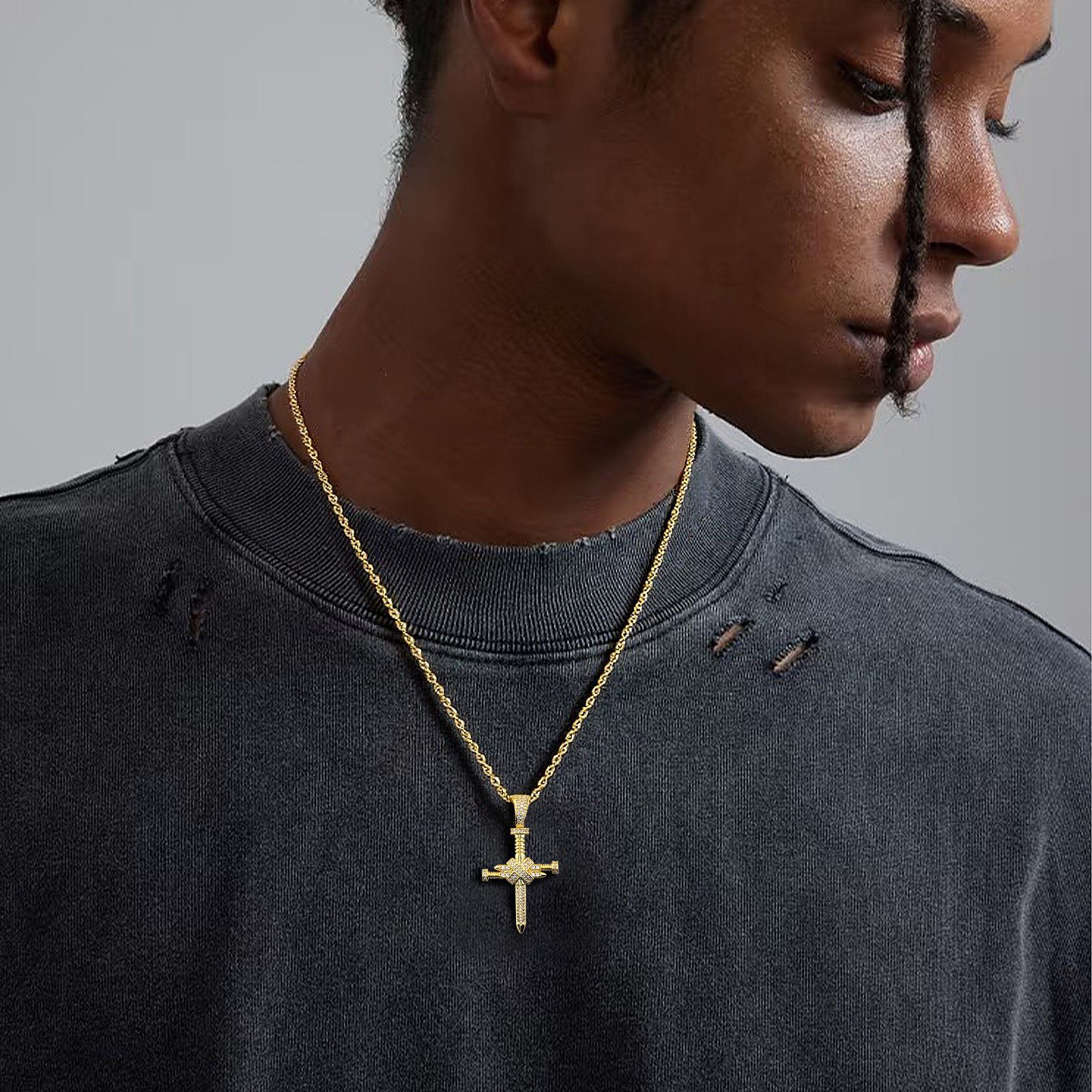 Full-Zircon Nail Cross Pendant Hip-Hop Vintage Punk Cross Necklace