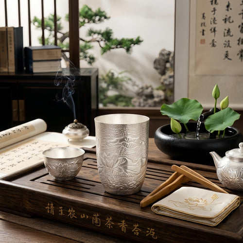 Pure 999 Fine Silver Exquisite Hand-Hammered Silver Tumbler with Intricate Lotus Relief Carvings - Handicraft