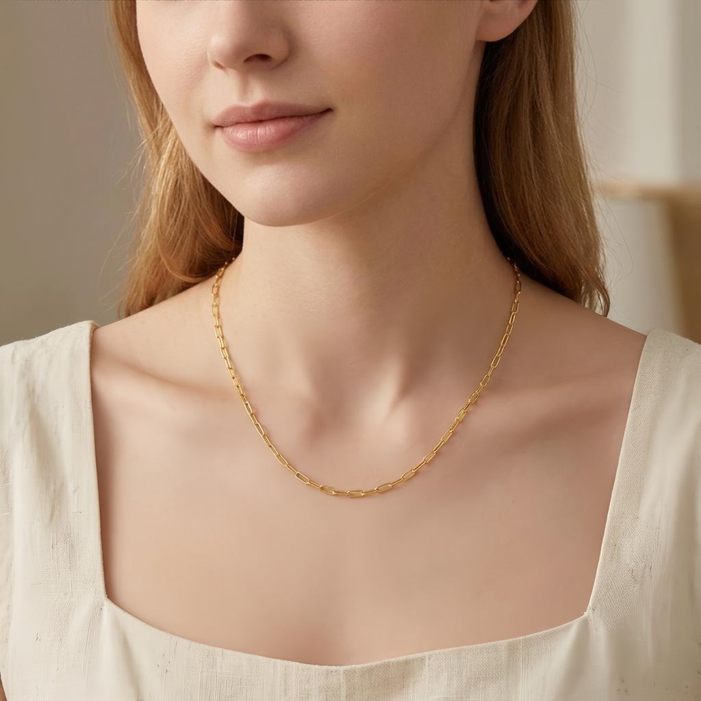 925 Sterling Silver Elegant Gold Paperclip Chain Necklace with Adjustable Length and Lobster Clasp