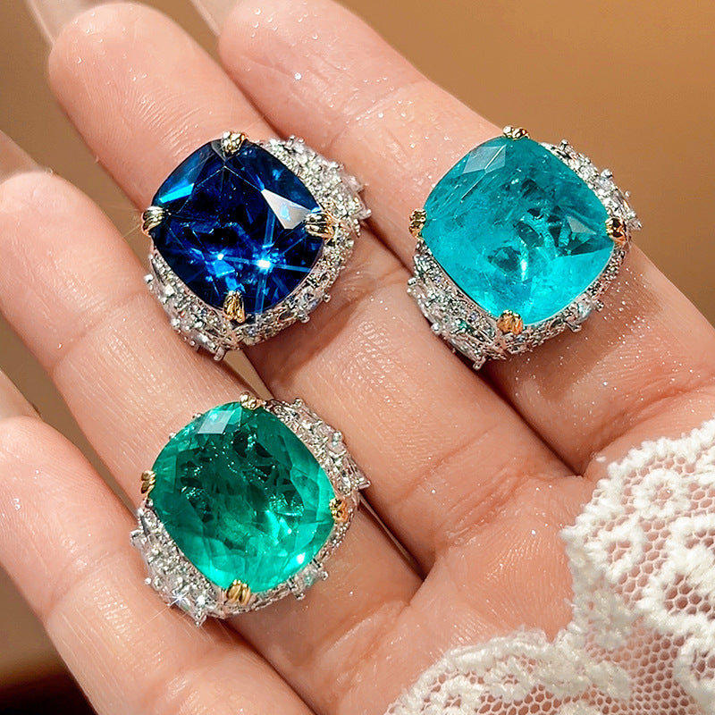 Neuer Zirkonring 2026 für Damen, rechteckiger simulierter Saphir & Paraiba-Turmalin, hochwertiger Luxusschmuck