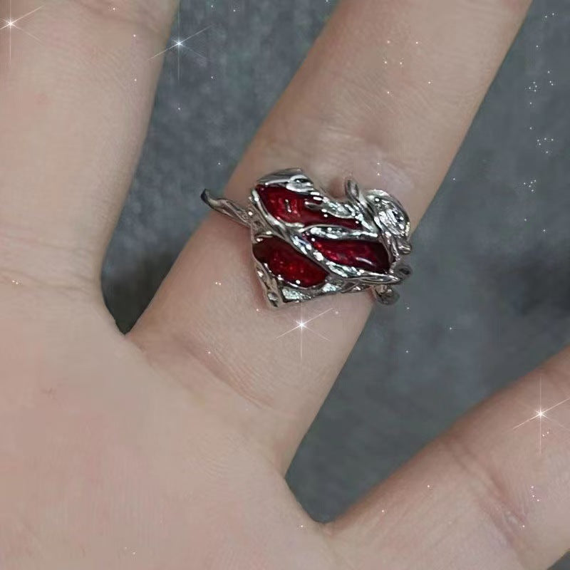 Gotischer Kreuzring mit roten Zirkonen - Y2K Subkultur Schmuck