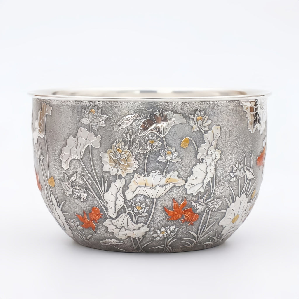 925 Sterling Silver Artisanal Silver Bowl Featuring Ornate Lotus Garden and Swimming Red Fish - Handicraft