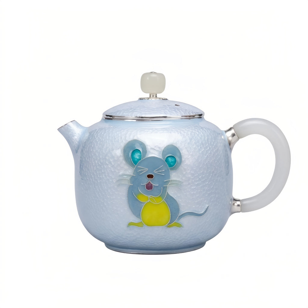 Pure 999 Fine Silver Artistic Blue Enamel Silver Teapot with Playful Mouse Motif and Jade Accents - Handicraft