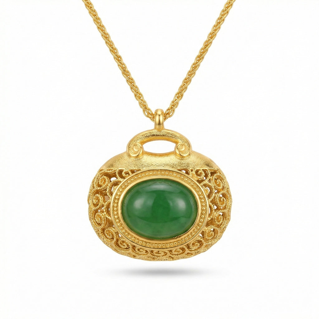 925 Sterling Silver Elegant Filigree Green Jadeite Pendant Necklace with Intricate Textured Metallic Detail