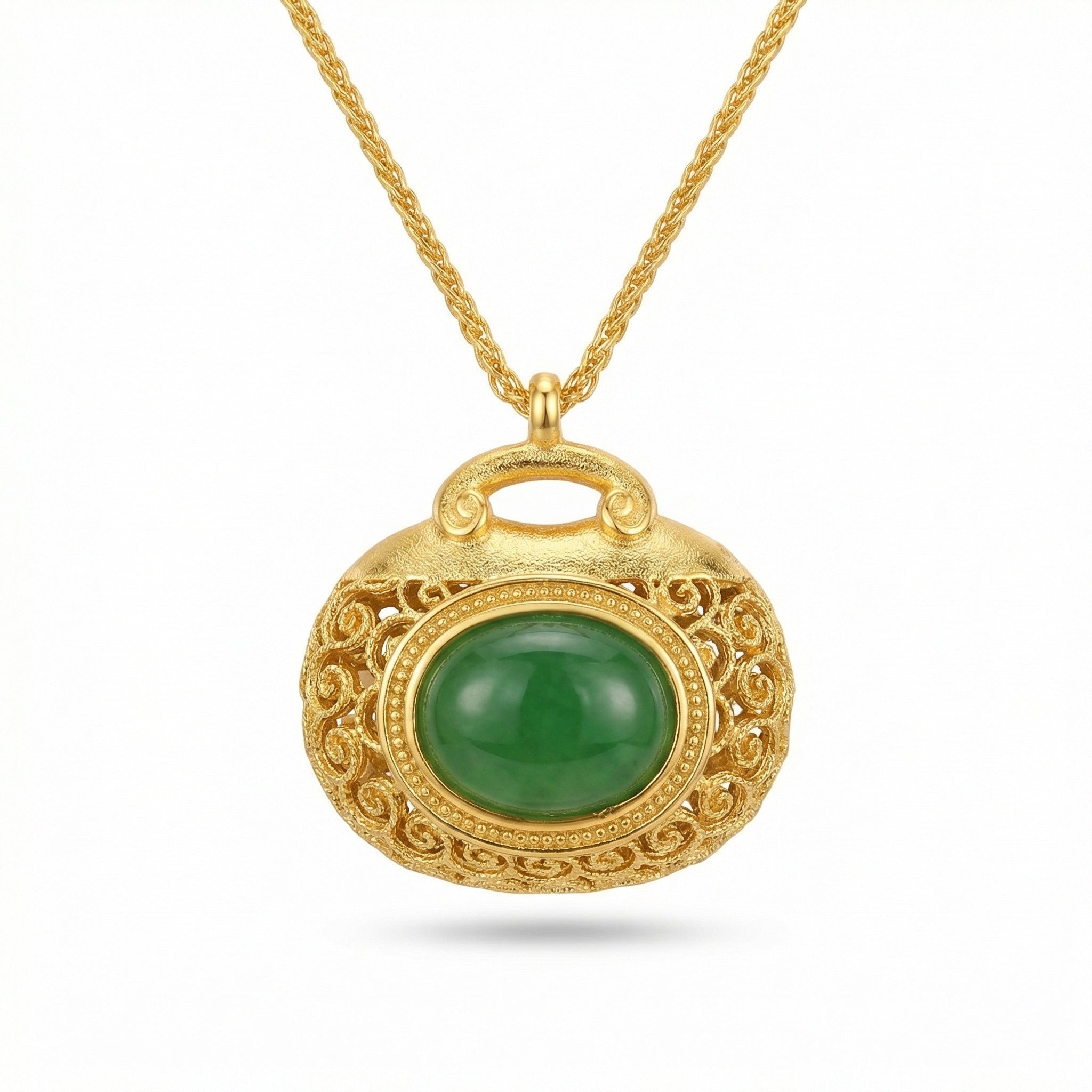 925 Sterling Silver Elegant Filigree Green Jadeite Pendant Necklace with Intricate Textured Metallic Detail