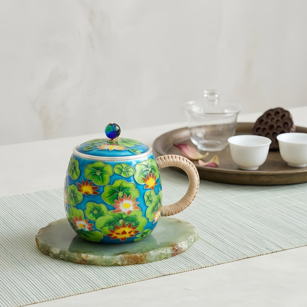 Pure 999 Fine Silver Vibrant Blue Enamel Lotus Flower Mug with Rattan Handle and Jeweled Lid - Handicraft