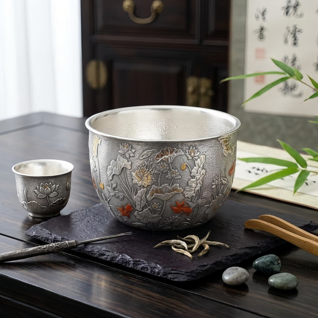 925 Sterling Silver Artisanal Silver Bowl Featuring Ornate Lotus Garden and Swimming Red Fish - Handicraft