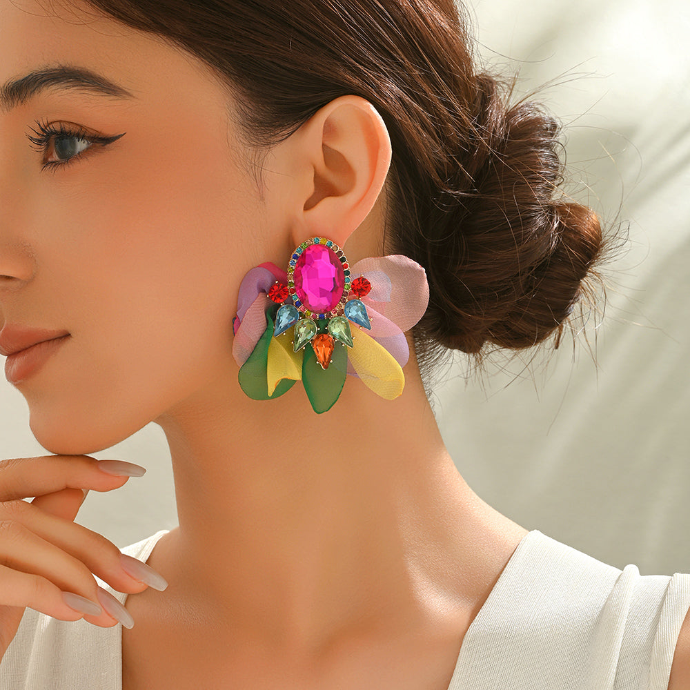 Handmade Coloful Glass Chiffon Flower Stud Earrings For Women Bold Fashion Jewelry Party Prom Vacation