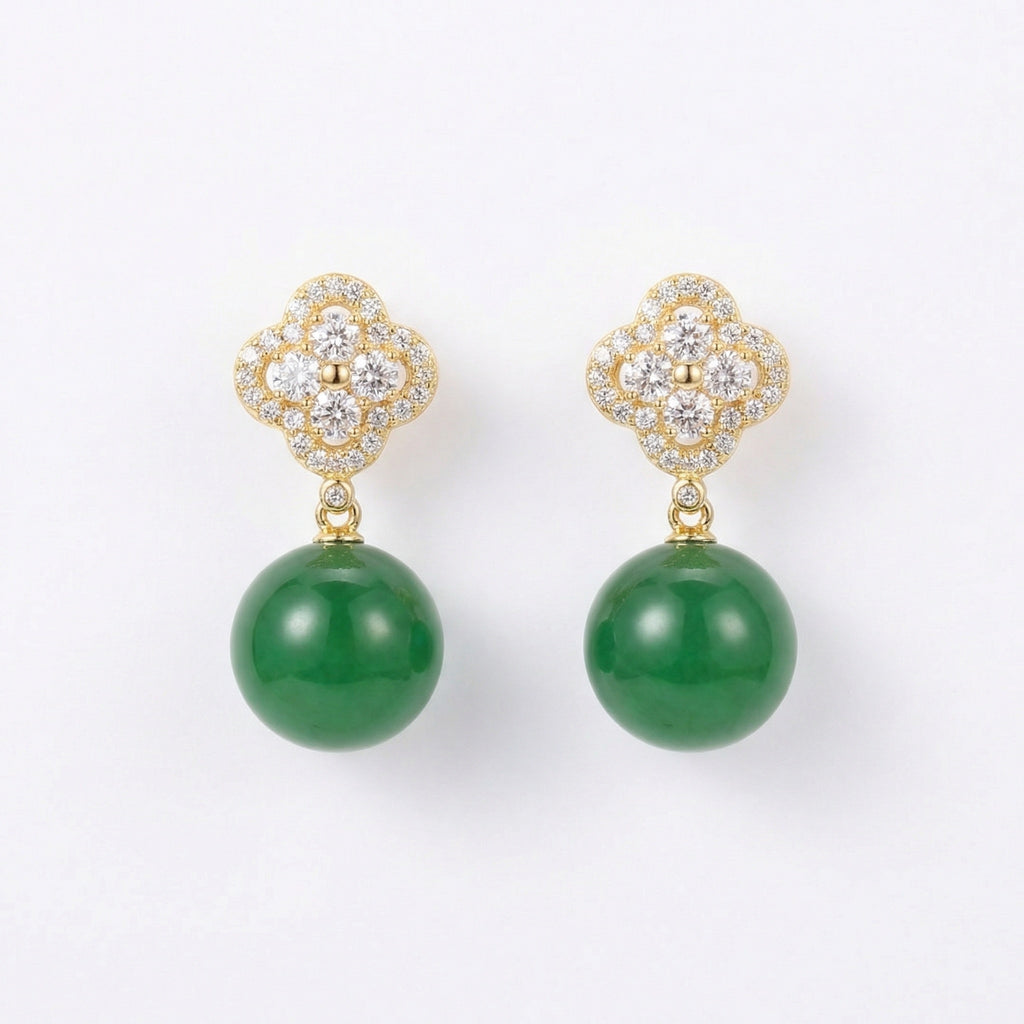 925 Sterling Silver Elegant Clover Motif Earrings with Shimmering Accents and Vibrant Green Drops