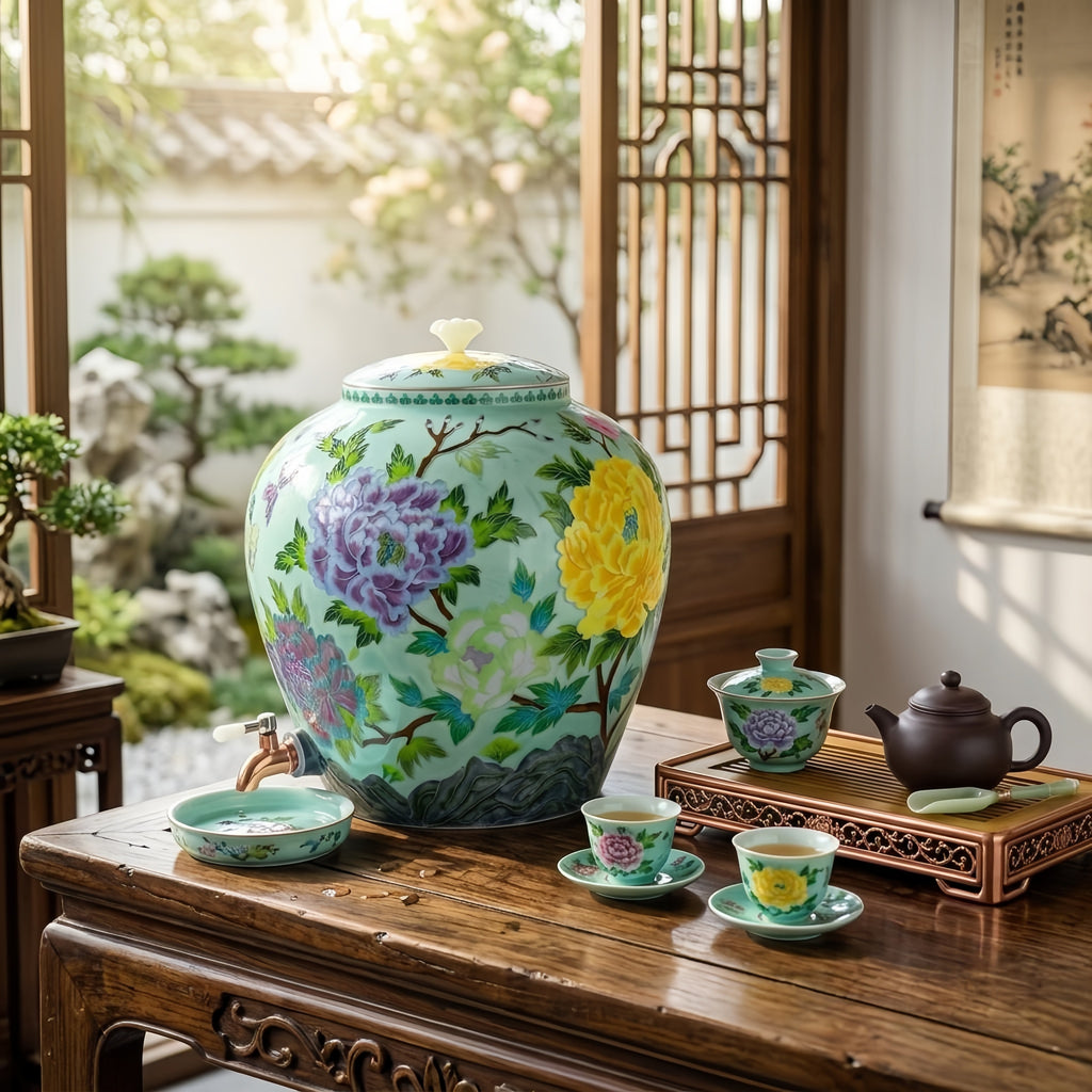 Pure 999 Fine Silver Elegant Floral Porcelain Water Dispenser with Decorative Lid and Metallic Tap - Handicraft