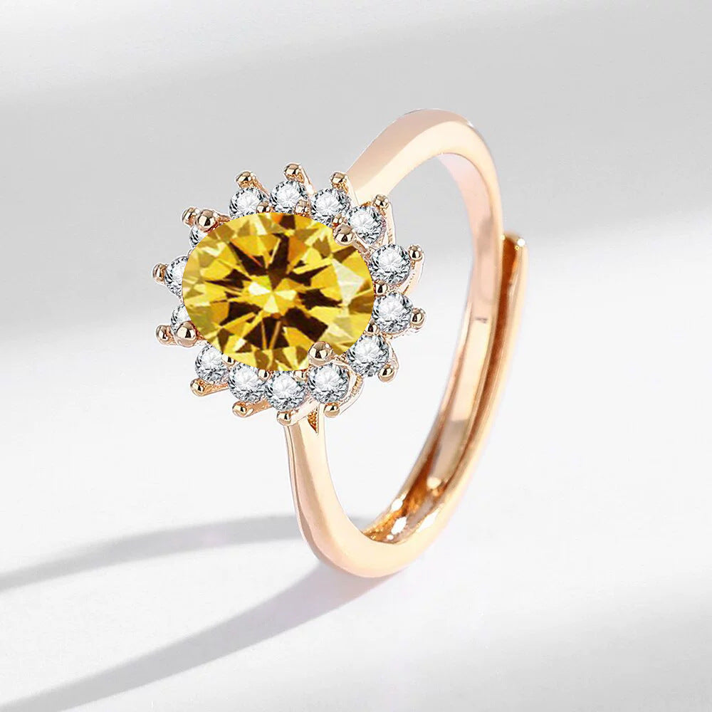 Leichter Luxus Sonnenblumenring Champagnergold mit bunten Edelsteinen Hochwertiger Handschmuck