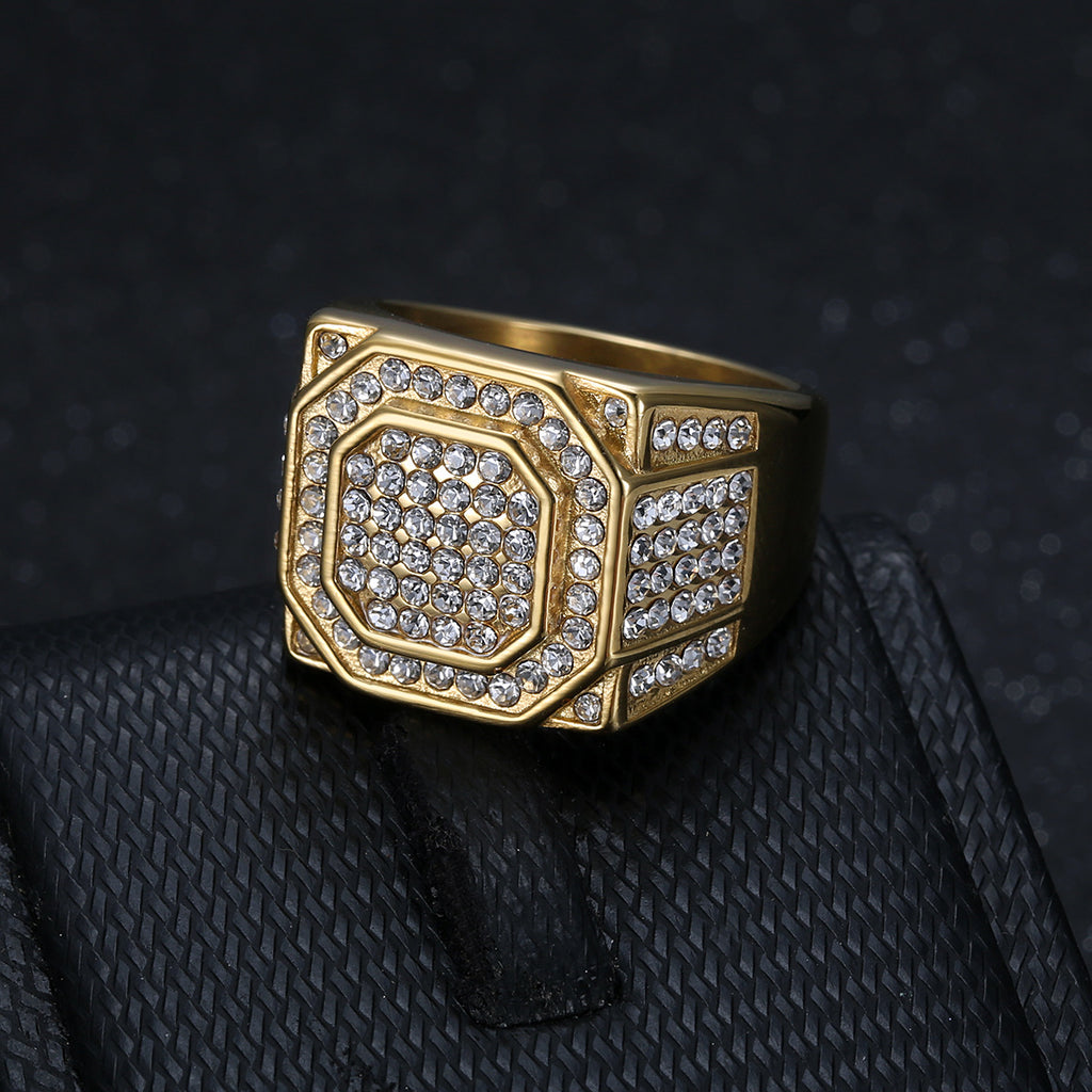 Titanium Steel Gold-Plated Full-Crystal Mens Ring