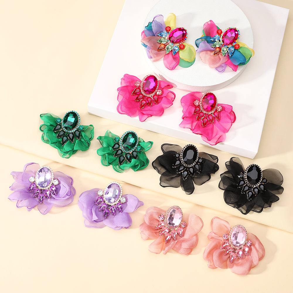 Handmade Coloful Glass Chiffon Flower Stud Earrings For Women Bold Fashion Jewelry Party Prom Vacation