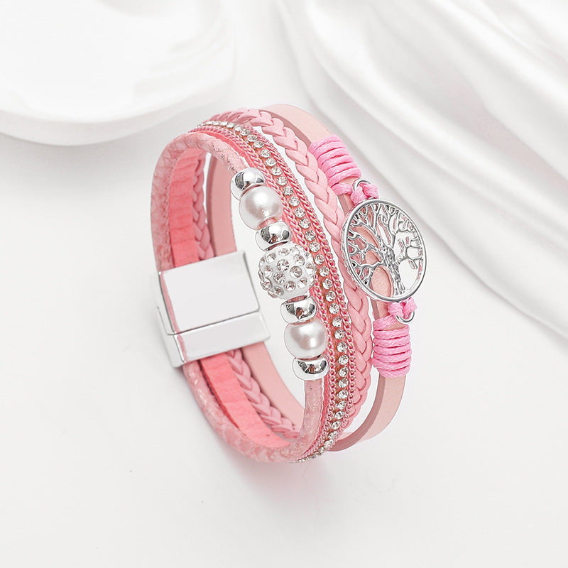 Drilled-bead Multi-layer PU Leather Braided Magnetic-clasp Bracelet