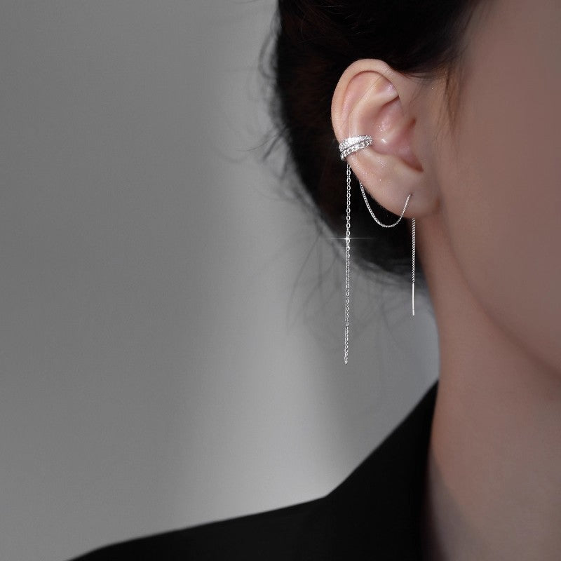 Zircon-inlaid Semi-circular C-shaped Ear Bone Clip Double-layer Earrings