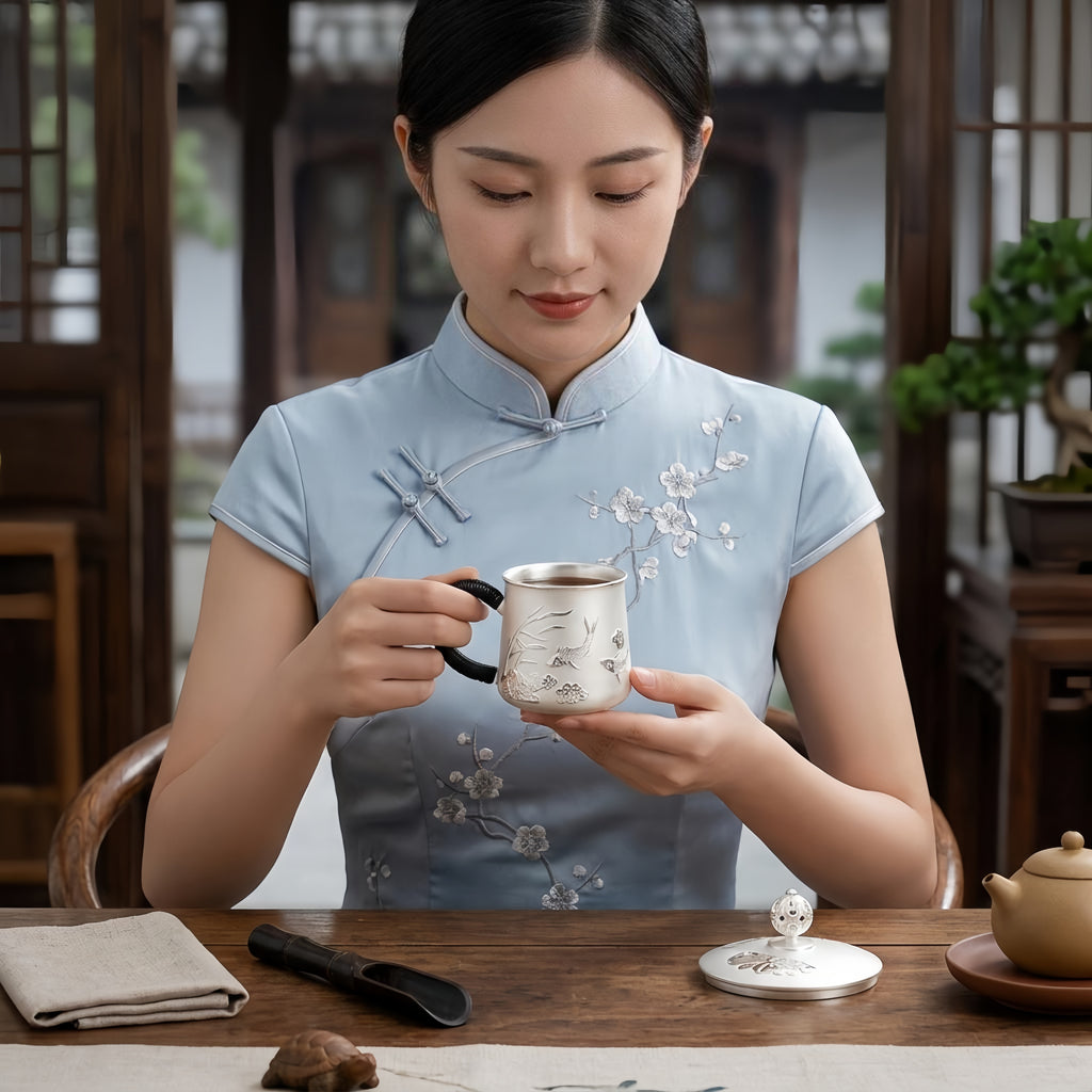 Pure 999 Fine Silver Elegant Ceramic Tea Cup with  Fish and Floral Design-Premium Tea Mug - Handicraft