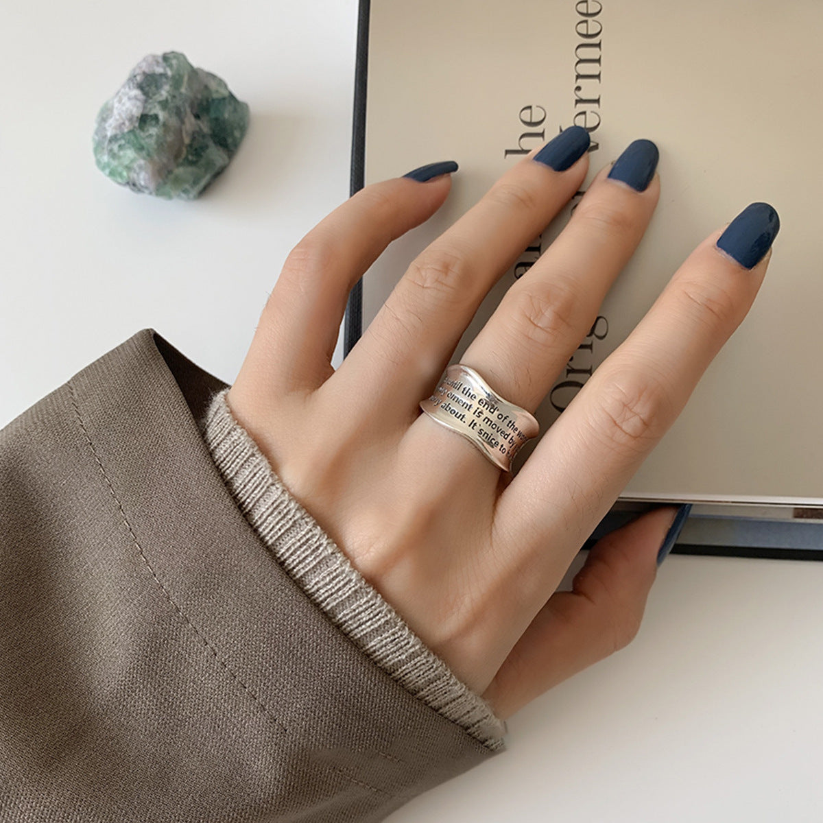 925er Silber Vintage gedrehter Kettenring, verstellbarer minimalistischer Statement-Ring für Damen, Modeschmuck