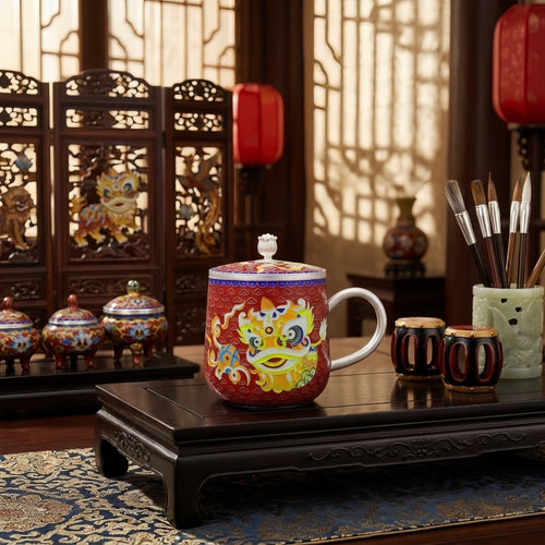 Feine Teetasse aus reinem 999er Sterlingsilber mit chinesischem Löwentanz-Emaille: Traditionelle Kunstfertigkeit und kulturelles Erbe – Premium Indigoblaue Teetasse – Kunsthandwerk