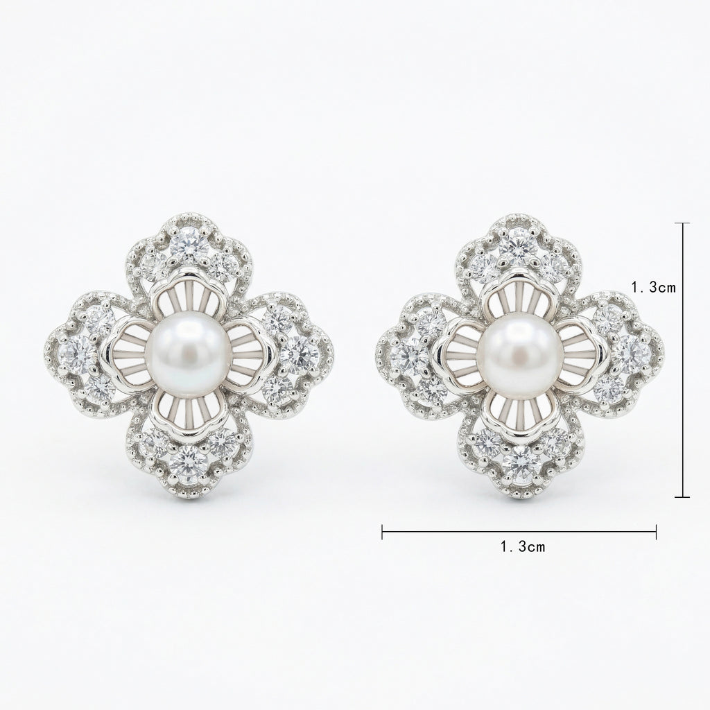 925 Sterling Silver Elegant Floral Pearl and Sparkling Accent Stud Earrings in White Metal
