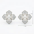 925 Sterling Silver Elegant Floral Pearl and Sparkling Accent Stud Earrings in White Metal