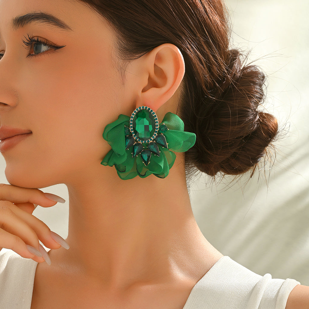 Handmade Coloful Glass Chiffon Flower Stud Earrings For Women Bold Fashion Jewelry Party Prom Vacation