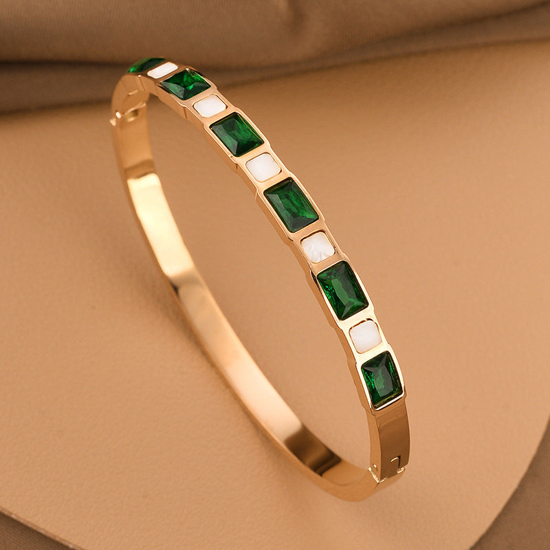 Smaragd-Diamant-Muschel-Armband aus Titanstahl für Damen