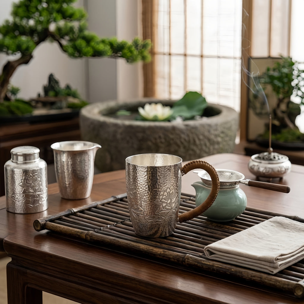 Pure 999 Fine Silver Hammered Silver Mug with Hand-Engraved Lotus Designs and Woven Handle - Handicraft