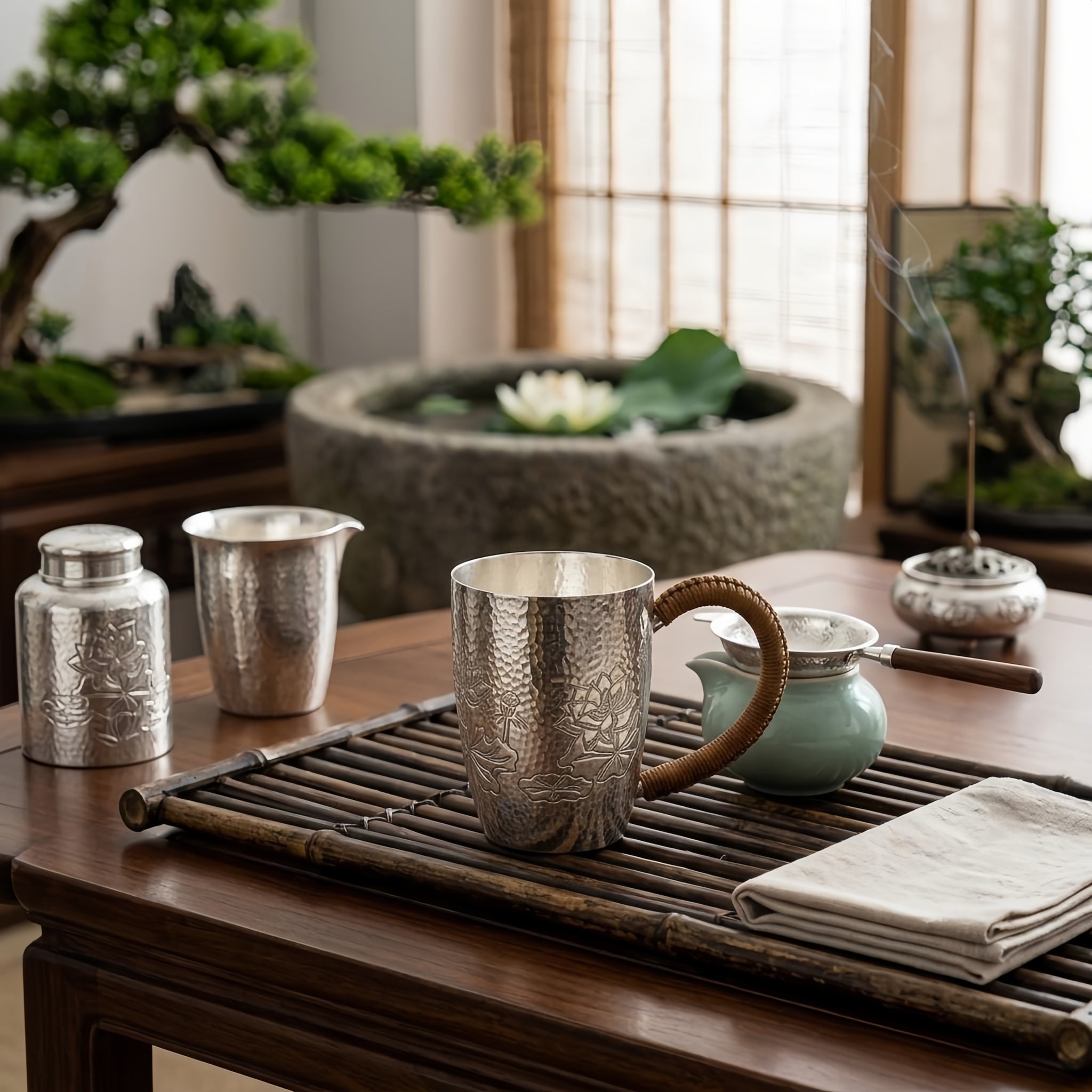 Pure 999 Fine Silver Hammered Silver Mug with Hand-Engraved Lotus Designs and Woven Handle - Handicraft