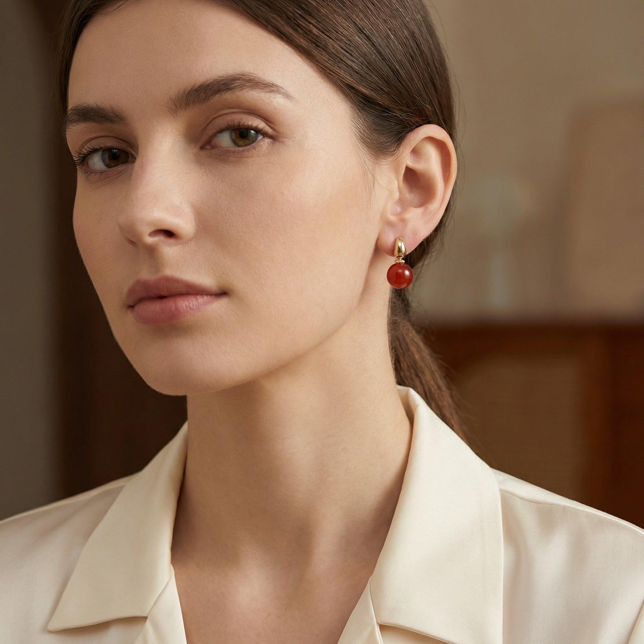 925 Sterling Silver Elegant Red Carnelian Sphere and Polished Metallic Teardrop Drop Earrings