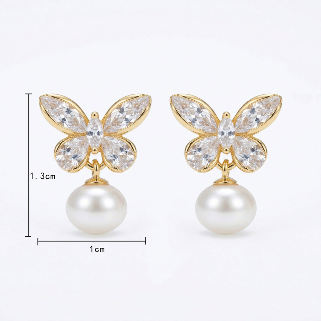 925 Sterling Silver Elegant Crystal Butterfly and Lustrous Pearl Drop Earrings