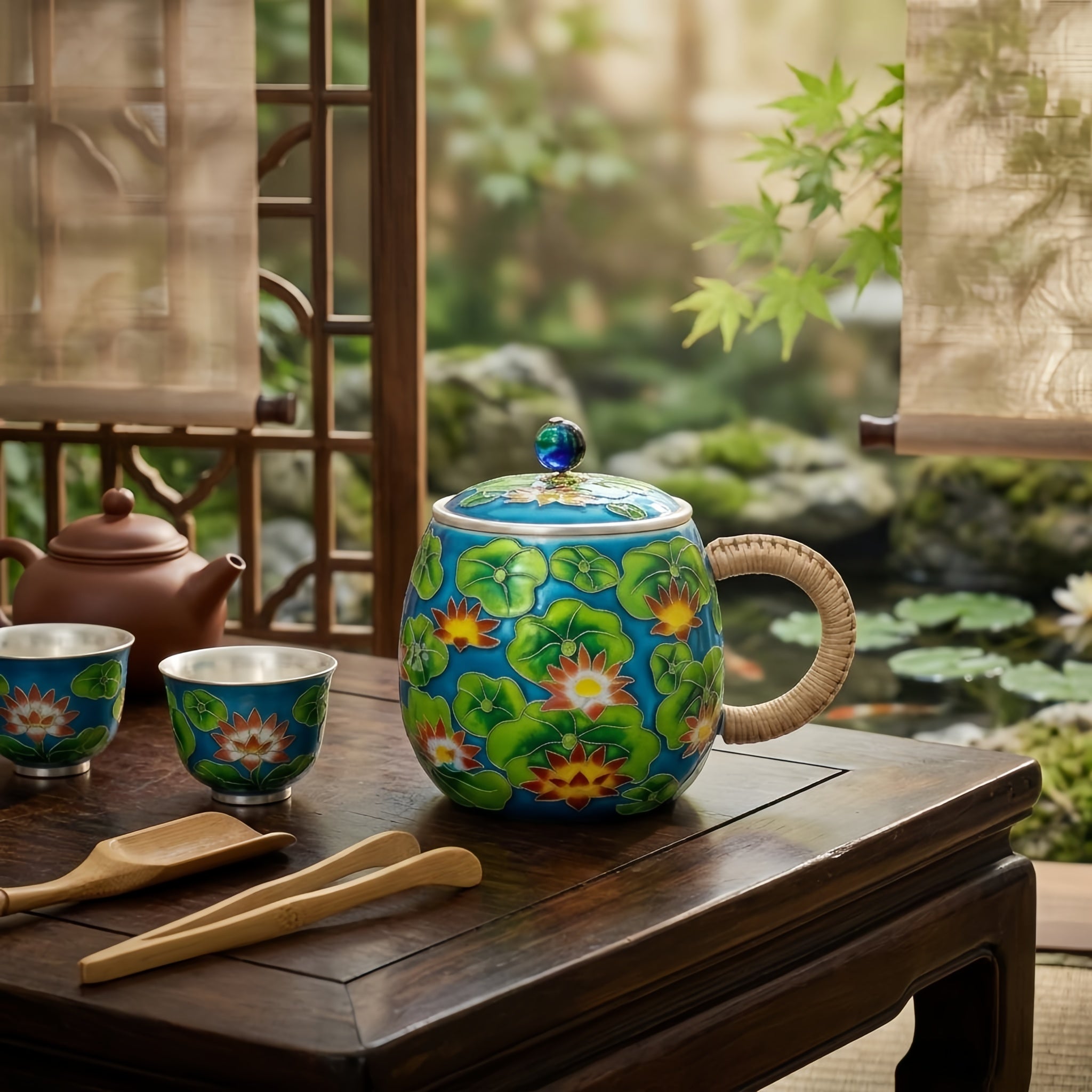 Pure 999 Fine Silver Vibrant Blue Enamel Lotus Flower Mug with Rattan Handle and Jeweled Lid - Handicraft