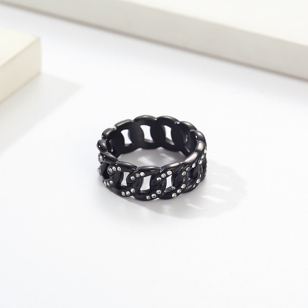 Titanium Steel Cuban-link Ring With Rhinestones