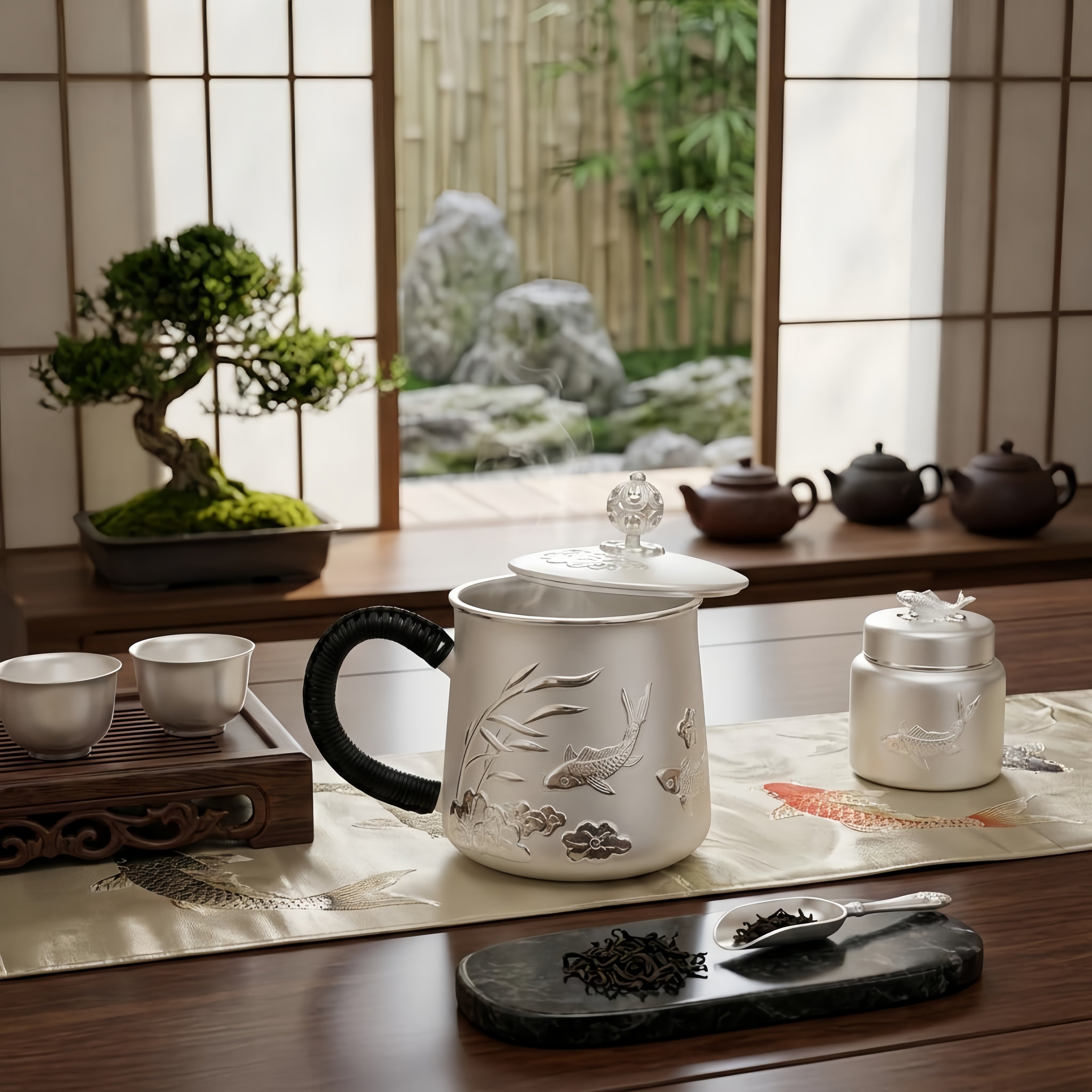 Pure 999 Fine Silver Elegant Ceramic Tea Cup with  Fish and Floral Design-Premium Tea Mug - Handicraft