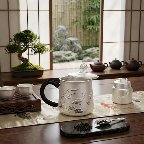 Pure 999 Fine Silver Elegant Ceramic Tea Cup with  Fish and Floral Design-Premium Tea Mug - Handicraft