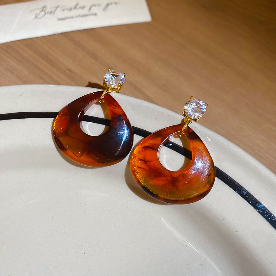 Vintage Maillard Style Wood & Resin Drop Earrings For Women, Gold Tone Twisted Knot Amber Resin Dangle Earrings, Retro Luxury Fashion Jewelry