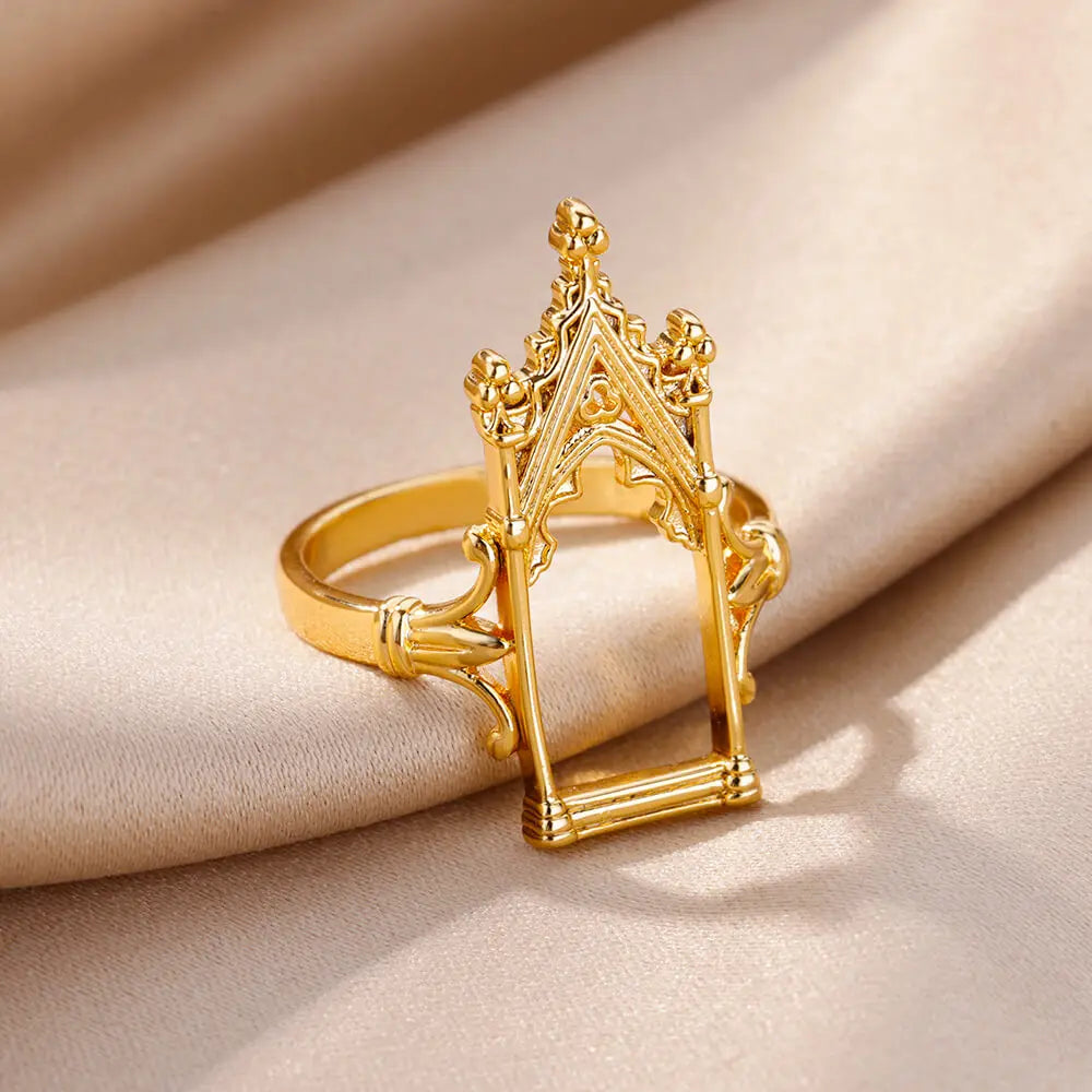 Edelstahl Magic Mirror Ringe für Damen, vergoldet, ästhetischer Ehering, Schloss-Blumenblatt-Design, leichter Luxusschmuck