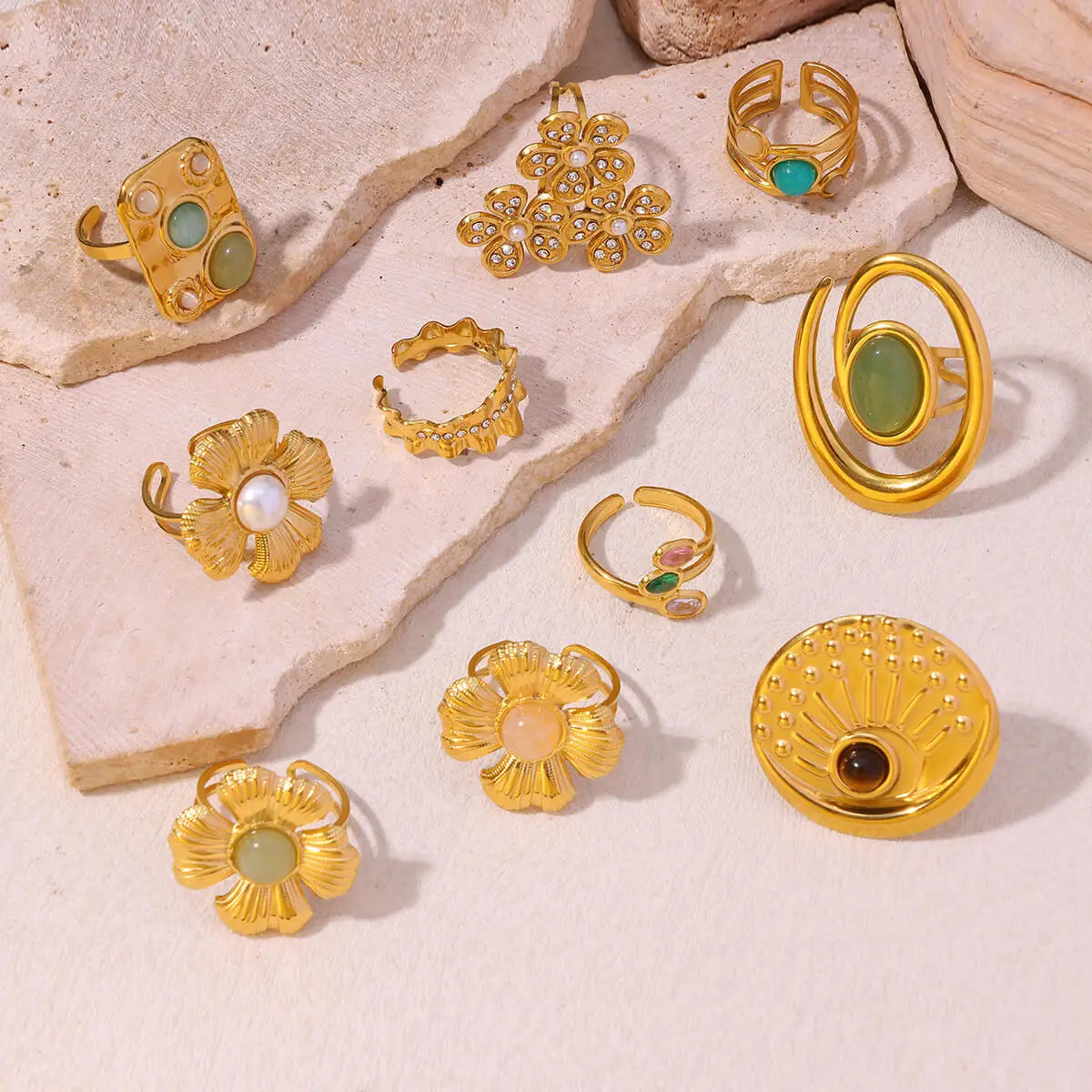 Vintage Grüne Stein Offene Edelstahlringe Für Frauen Mode Goldfarbe Blume Zirkon Ring Schmuck Ästhetische Anillos Geschenk