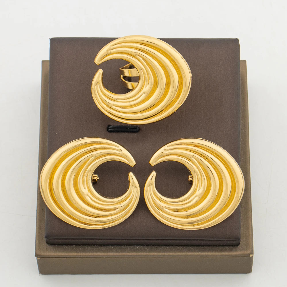 Dubai Goldfarbenes Schmuckset für Partys, Blätter-Design-Ohrringe und Cocktailring, 2-teiliges Set für Hochzeiten, Brautschmuck-Accessoires