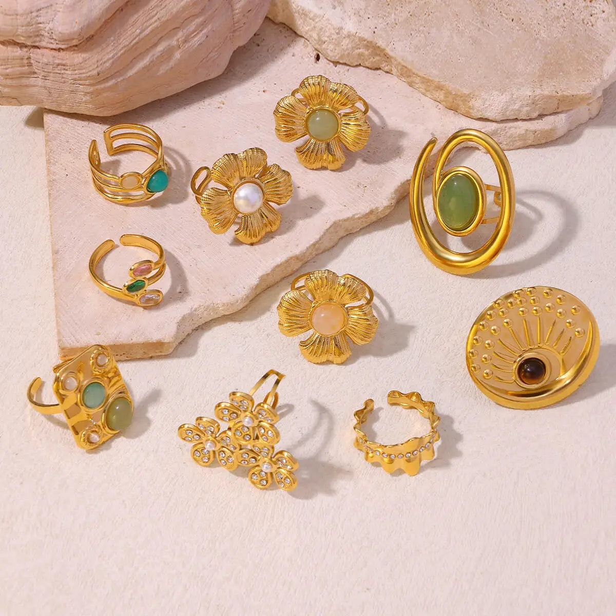 Vintage Grüne Stein Offene Edelstahlringe Für Frauen Mode Goldfarbe Blume Zirkon Ring Schmuck Ästhetische Anillos Geschenk
