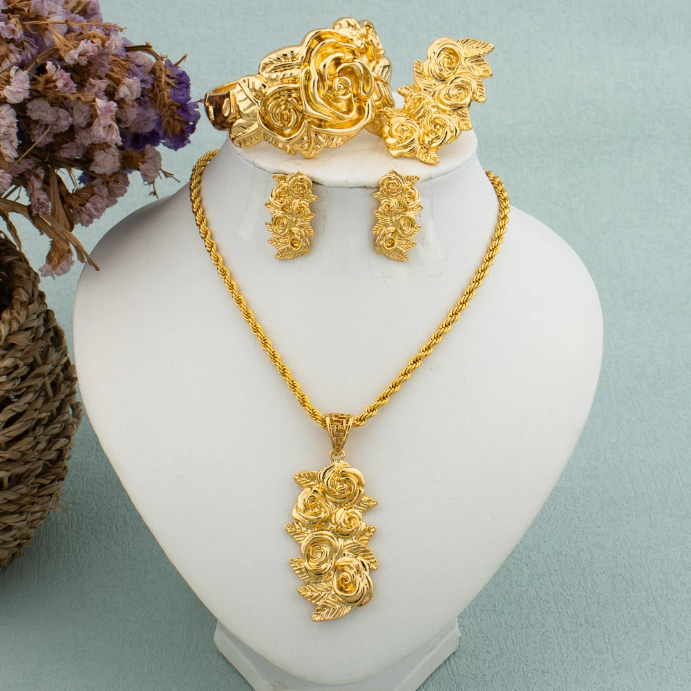 Neu eingetroffene goldfarbene Schmucksets für Damen – modische Ohrringe, Halskette, Armreif, Ring, Blumenanhänger, Braut, Hochzeitsfeier