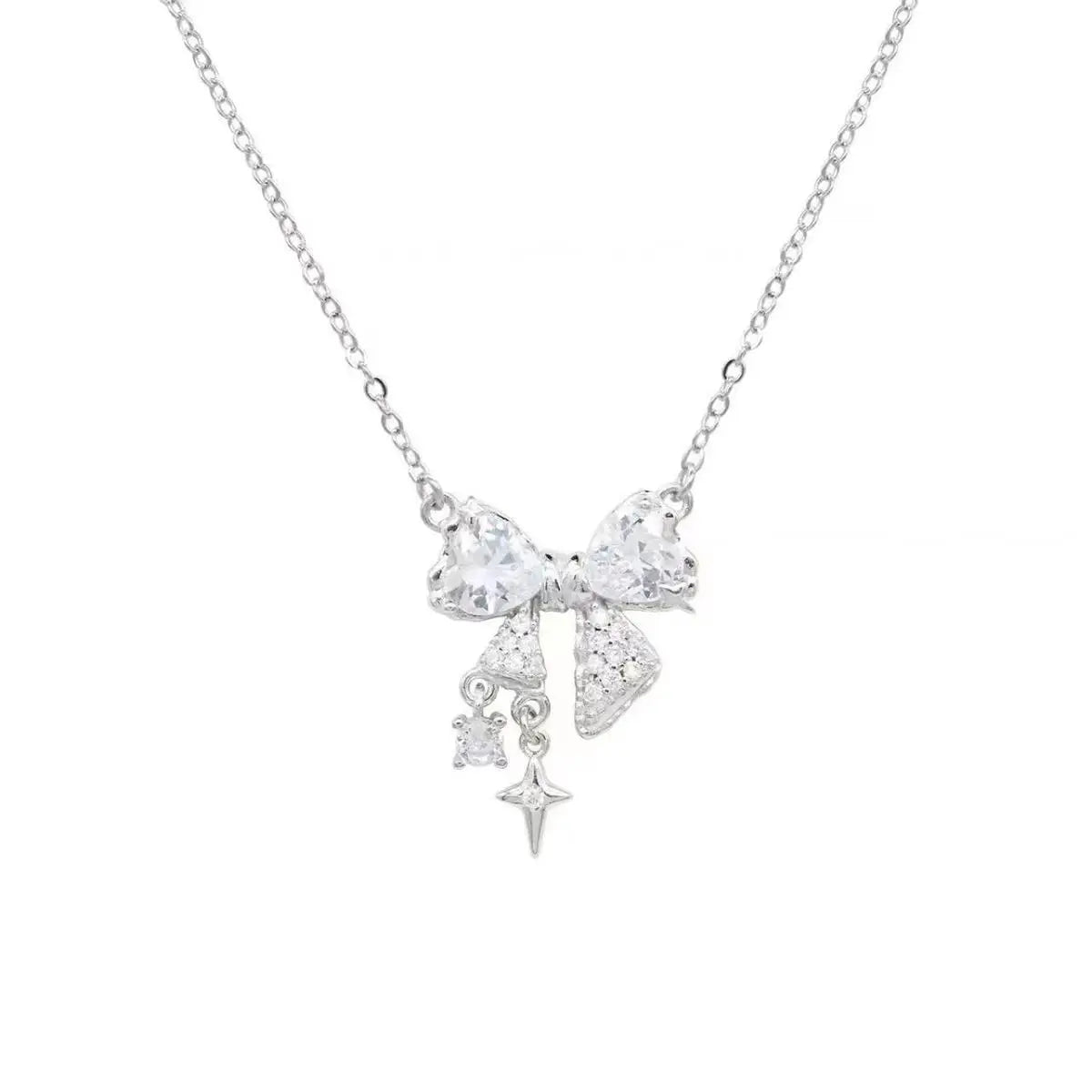 Sweet Pink Bow Necklace Ladies Fashion Sparkling Rhinestone Star Shape Pendant Clavicle Chain Delicate Wedding Accesories