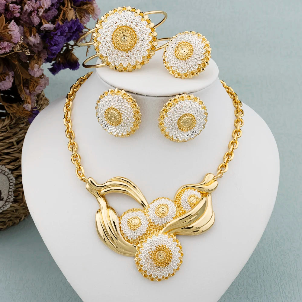 Conjunto de Joyería de Lujo para Mujer, Collar de Color Dorado, Pendientes de Aro Grandes, Brazalete y Anillo para Mujeres Modernas, Joyería de Fiesta Africana de Dubái