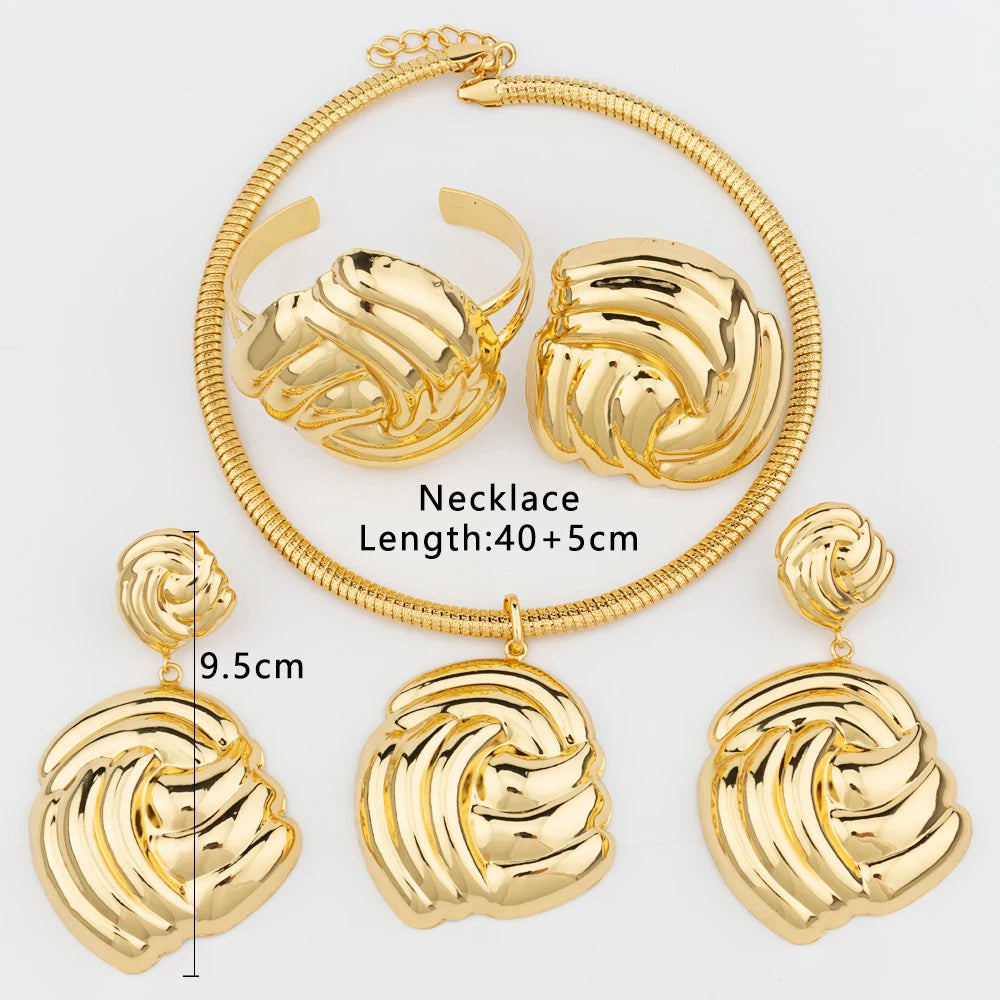 Conjunto de Joyería de Lujo para Mujer, Collar de Color Dorado, Pendientes de Aro Grandes, Brazalete y Anillo para Mujeres Modernas, Joyería de Fiesta Africana de Dubái