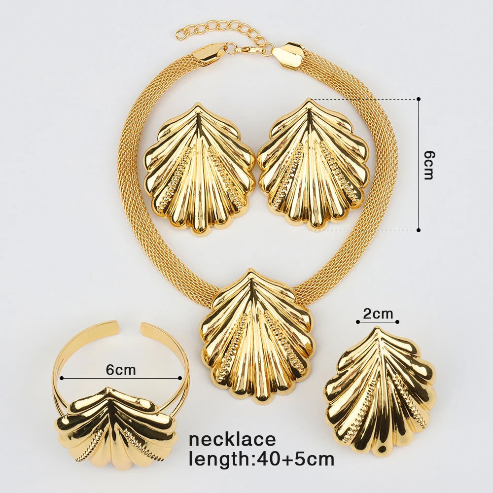Dubai Vergoldeter Schmuck-Set für Damen Muschelmuster Ohrringe und Halskette Set Modeschmuck Hochzeit Braut Armband Ring Schmuck
