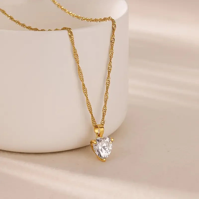 Romantic Wedding Heart Cubic Zirconia Necklace For Women Elegant Cute Gold Color Stainless Steel Necklaces Jewelry Birthday Gift