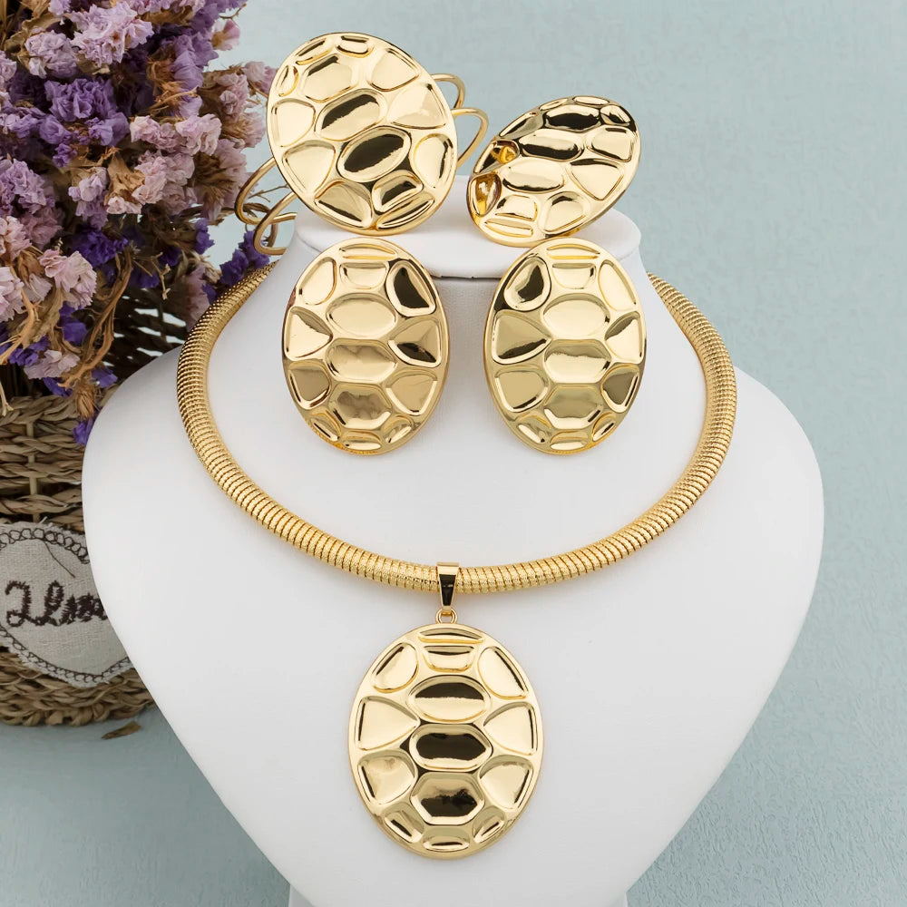 Conjunto de Joyería de Lujo para Mujer, Collar de Color Dorado, Pendientes de Aro Grandes, Brazalete y Anillo para Mujeres Modernas, Joyería de Fiesta Africana de Dubái