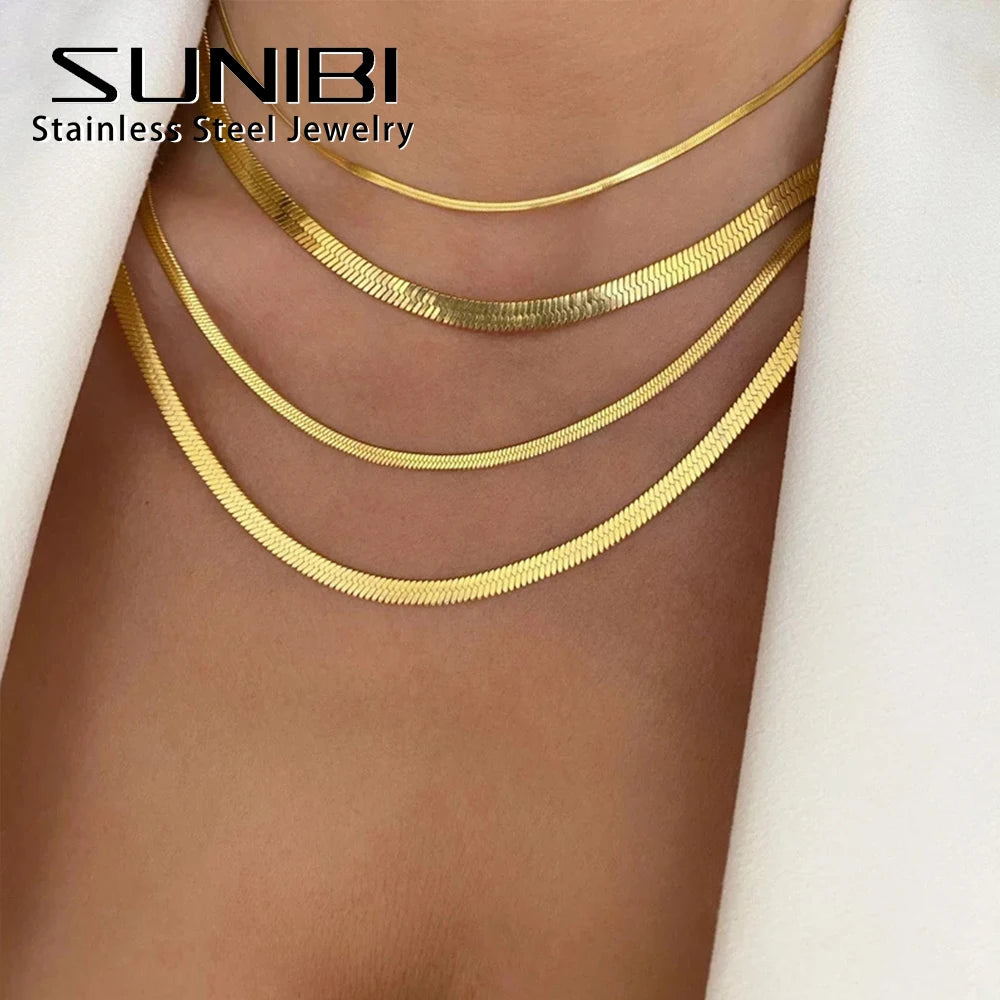SUNIBI Stainless Steel Snake Chain Necklace for Woman Gifts Choker Herringbone Gold Color Necklaces Women Jewelry Wholesale