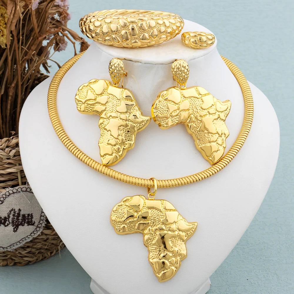 Afrikanischer Goldschmuck für Damen, großes Ohrring- und Anhänger-Set, italienische Luxus-Halskette, Armreif, Ring, Hochzeitsgeschenk