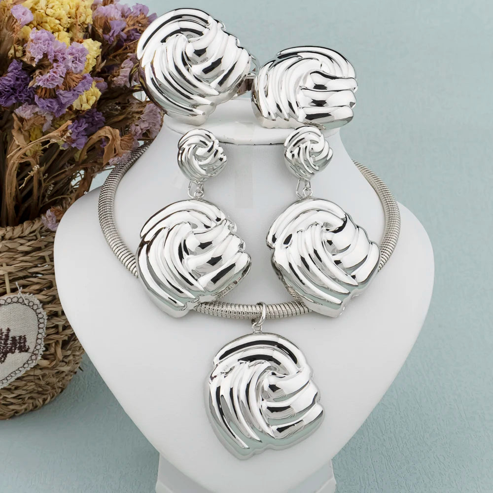 Conjunto de Joyería de Lujo para Mujer, Collar de Color Dorado, Pendientes de Aro Grandes, Brazalete y Anillo para Mujeres Modernas, Joyería de Fiesta Africana de Dubái