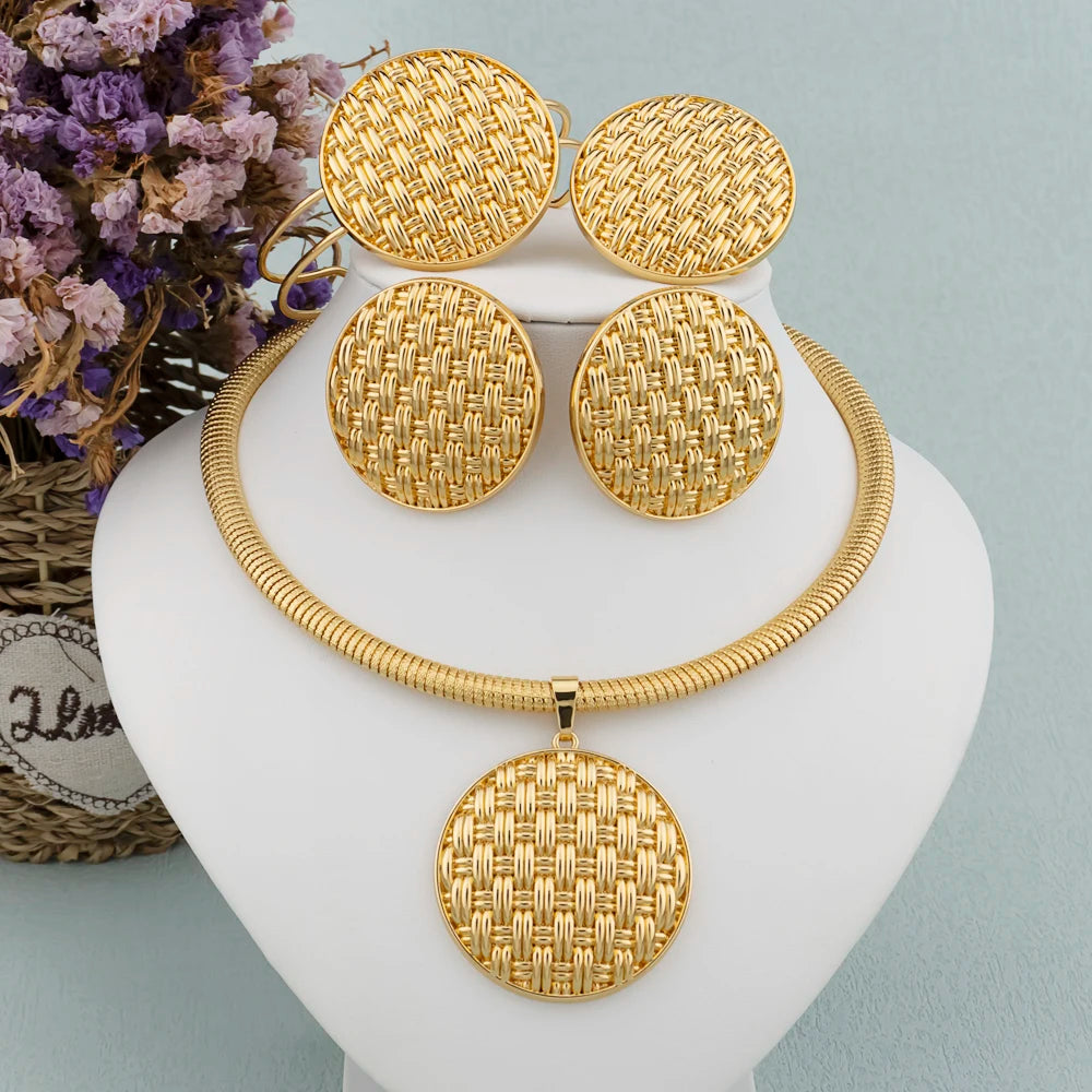 Conjunto de Joyería de Lujo para Mujer, Collar de Color Dorado, Pendientes de Aro Grandes, Brazalete y Anillo para Mujeres Modernas, Joyería de Fiesta Africana de Dubái